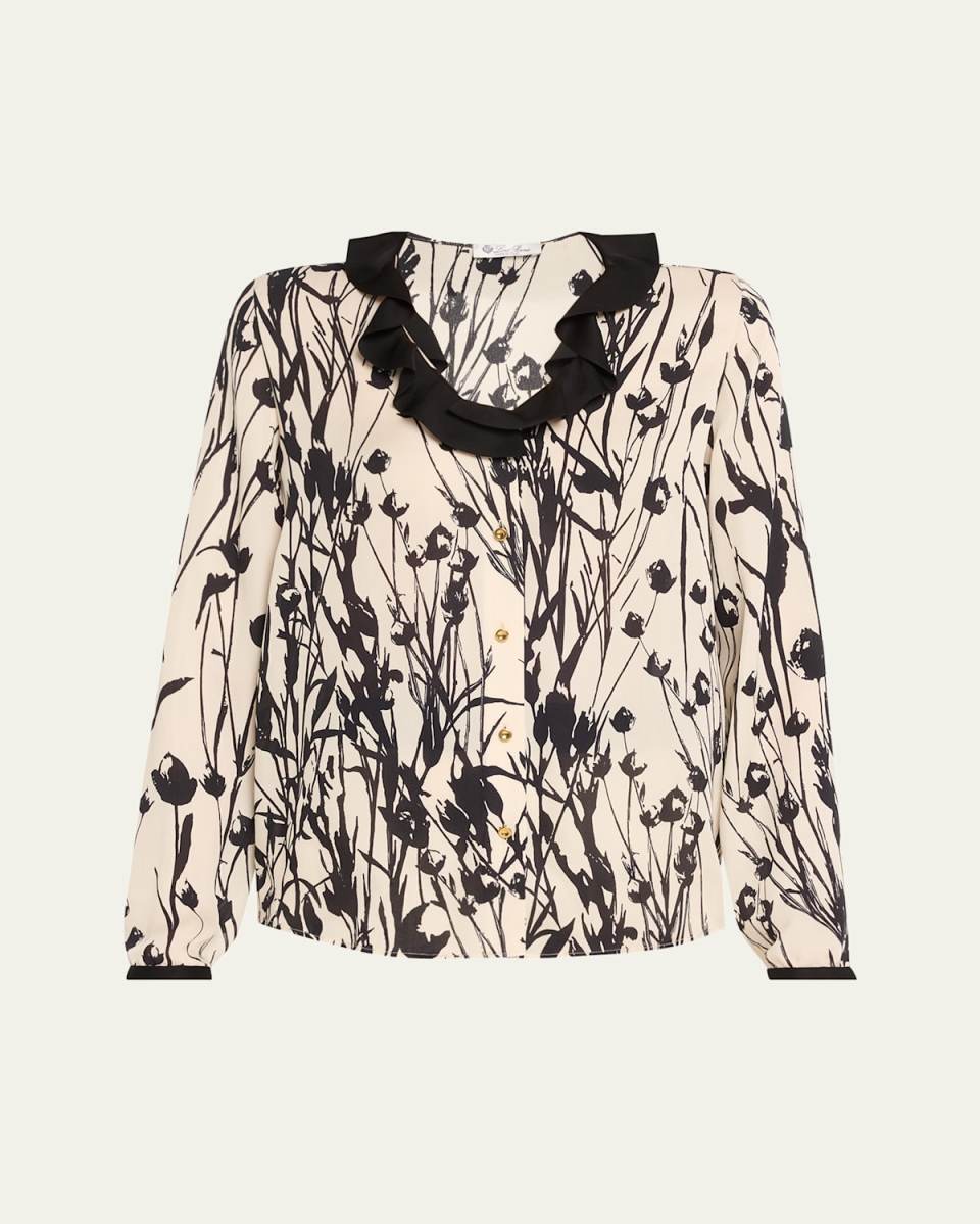 Samantha Campo Di Lino-Print Silk Ruffle Shirt